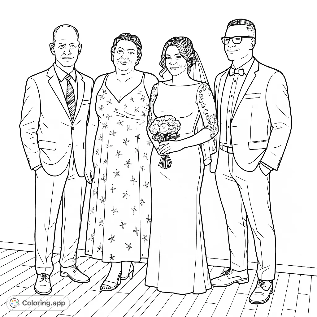 Celebrate a special day with this wedding party coloring page. Features a bride, groom, and family in formal attire, perfect for personalizing.