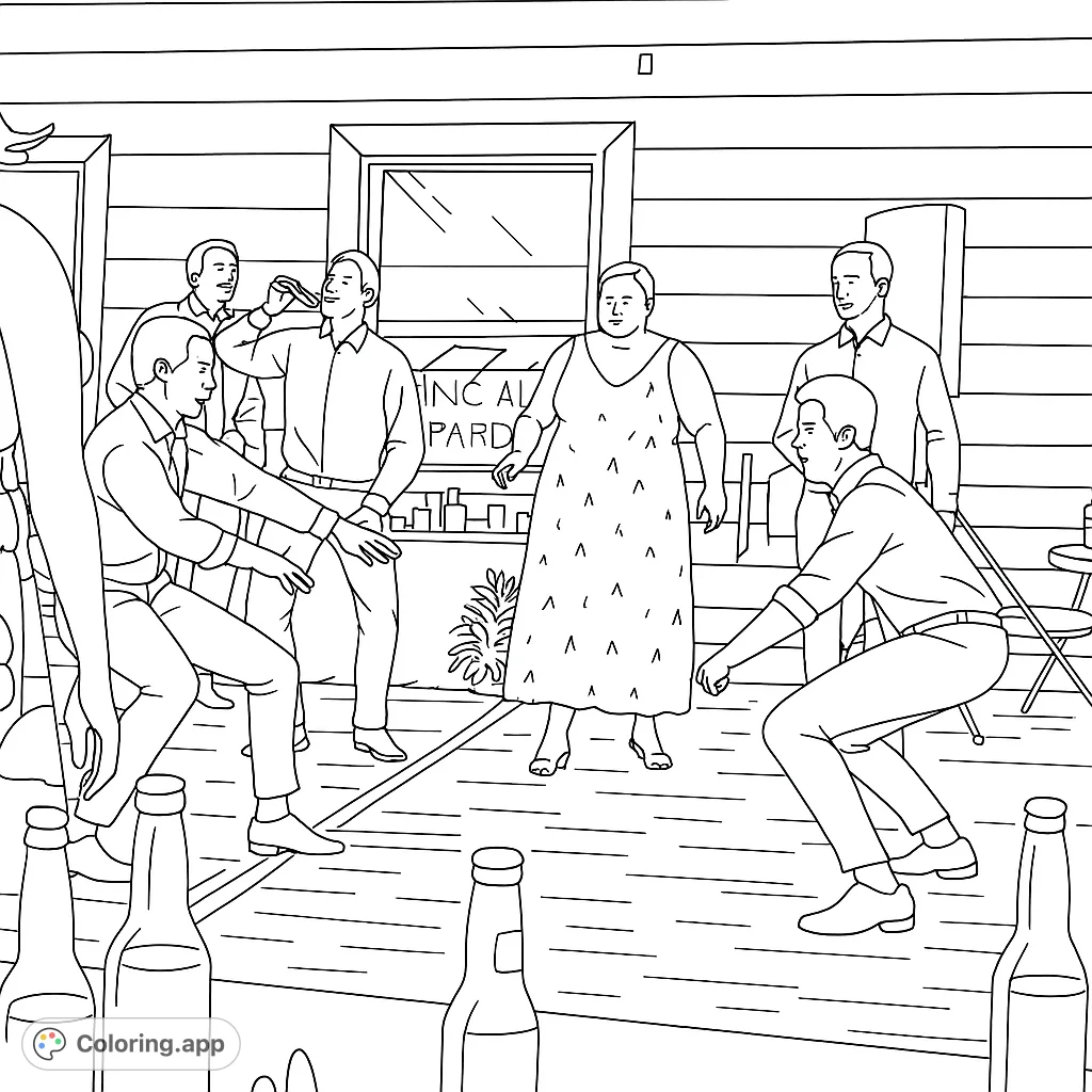 Capture the energy of a lively party scene with friends dancing and socializing. This dynamic coloring page offers a fun way to celebrate good times.
