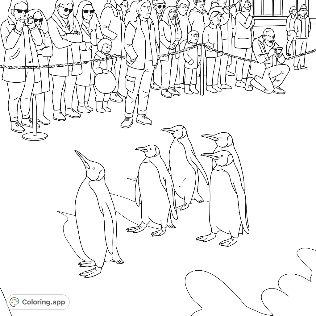 Experience the charm of a penguin parade! This detailed coloring page features several majestic birds walking past an observing crowd, perfect for animal lovers.