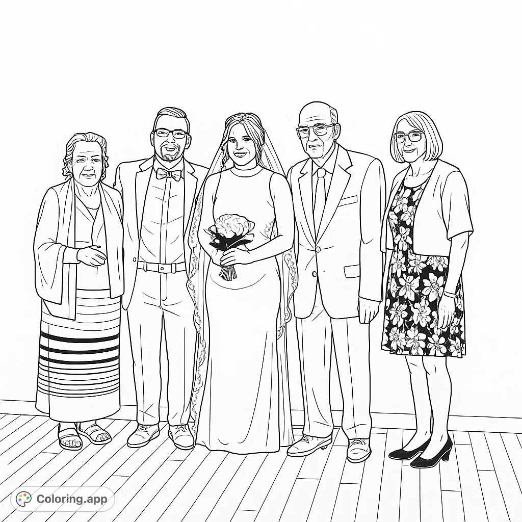 Celebrate love with this wedding family portrait coloring page. Features a happy couple and their loved ones, perfect for personalizing special memories.