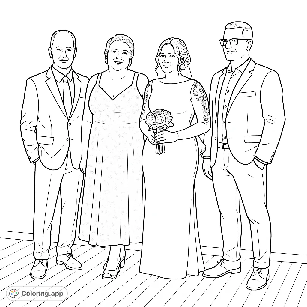 Celebrate a special day with this wedding party portrait coloring page, featuring a bride, groom, and family members in elegant attire.