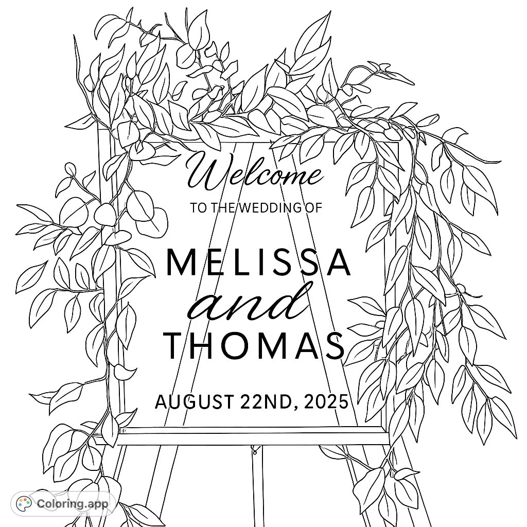 A beautiful wedding welcome sign adorned with lush foliage on a wooden easel. Perfect for celebrating love and special occasions.