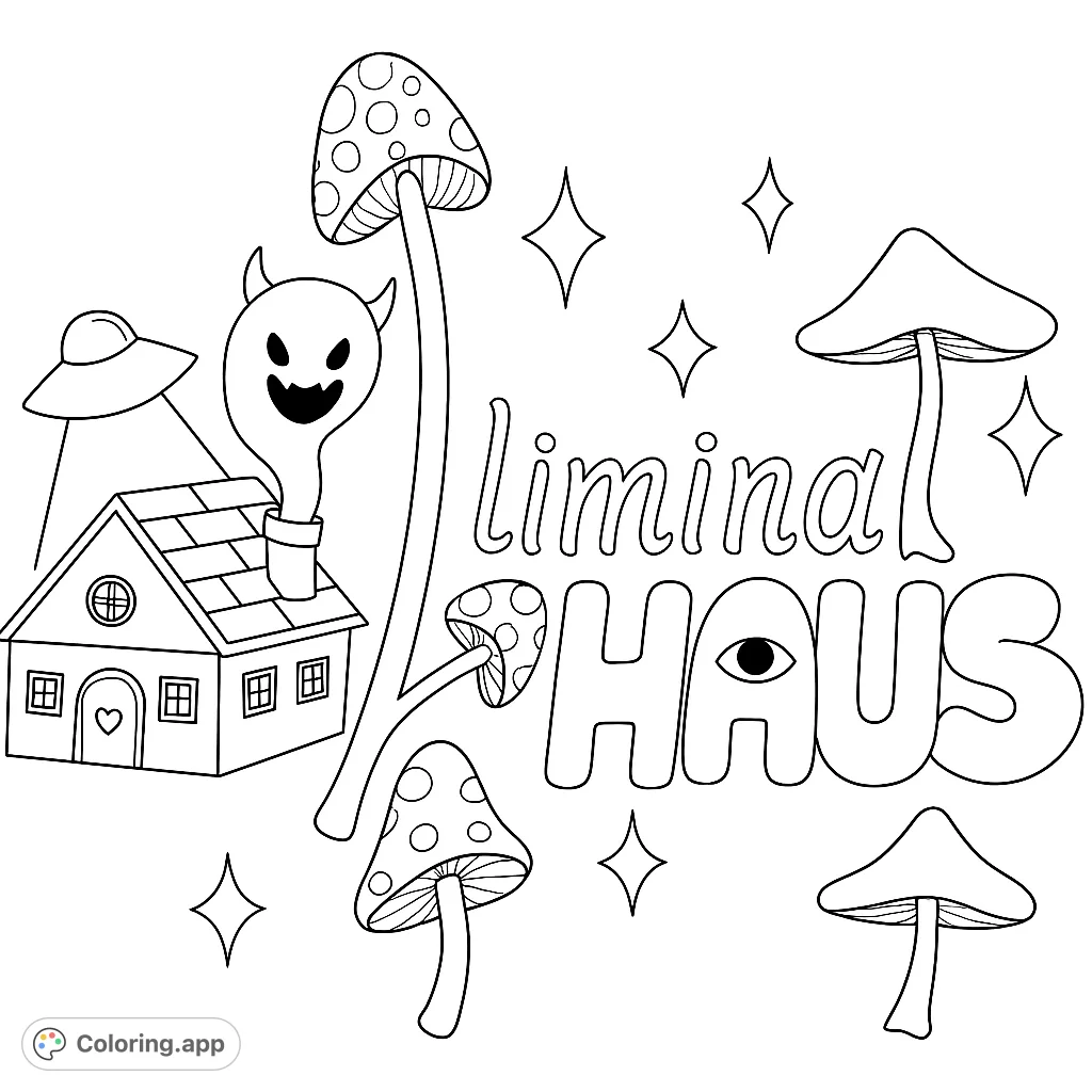 Explore a whimsical scene featuring a haunted house, a UFO, a friendly ghost, and mystical mushrooms, all surrounded by stylized text.