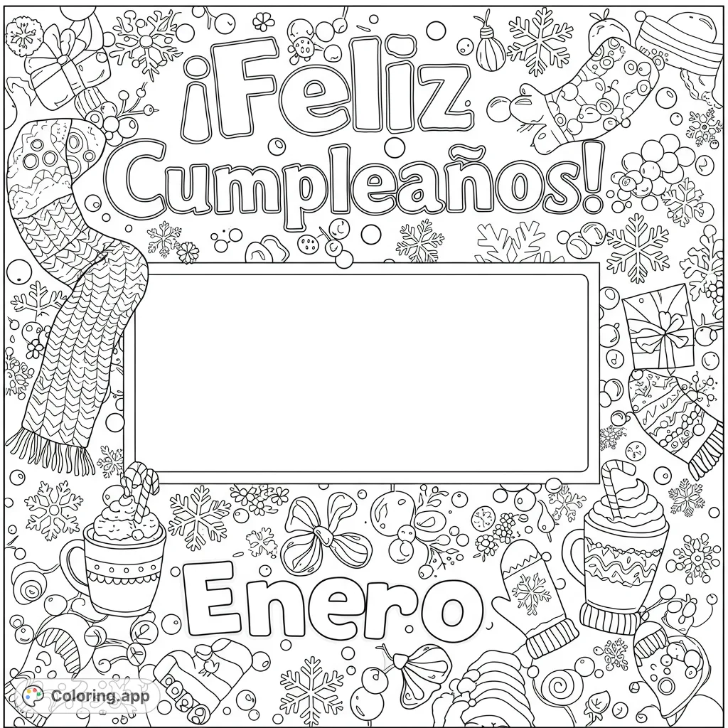 Celebrate a winter birthday with this festive coloring page! ', snowflakes, hot chocolate, and a space for drawing.