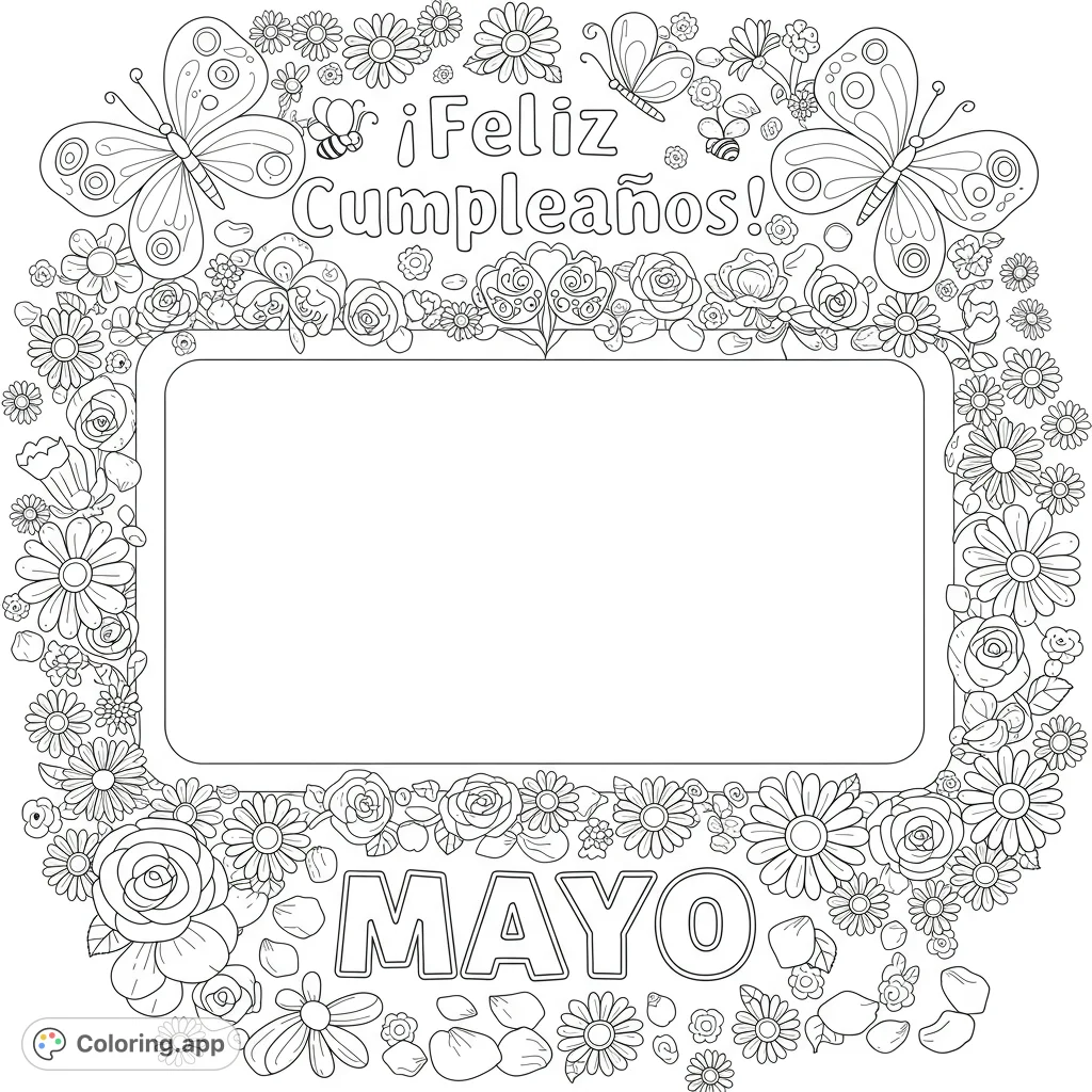 Celebrate with this festive birthday coloring page! ' header, a central drawing space, and decorative 'Mayo' text.