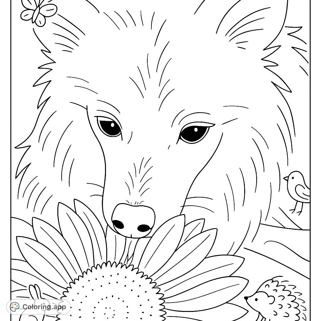 A charming coloring page featuring a fluffy dog gently interacting with a large sunflower. Perfect for animal and nature lovers of all ages.