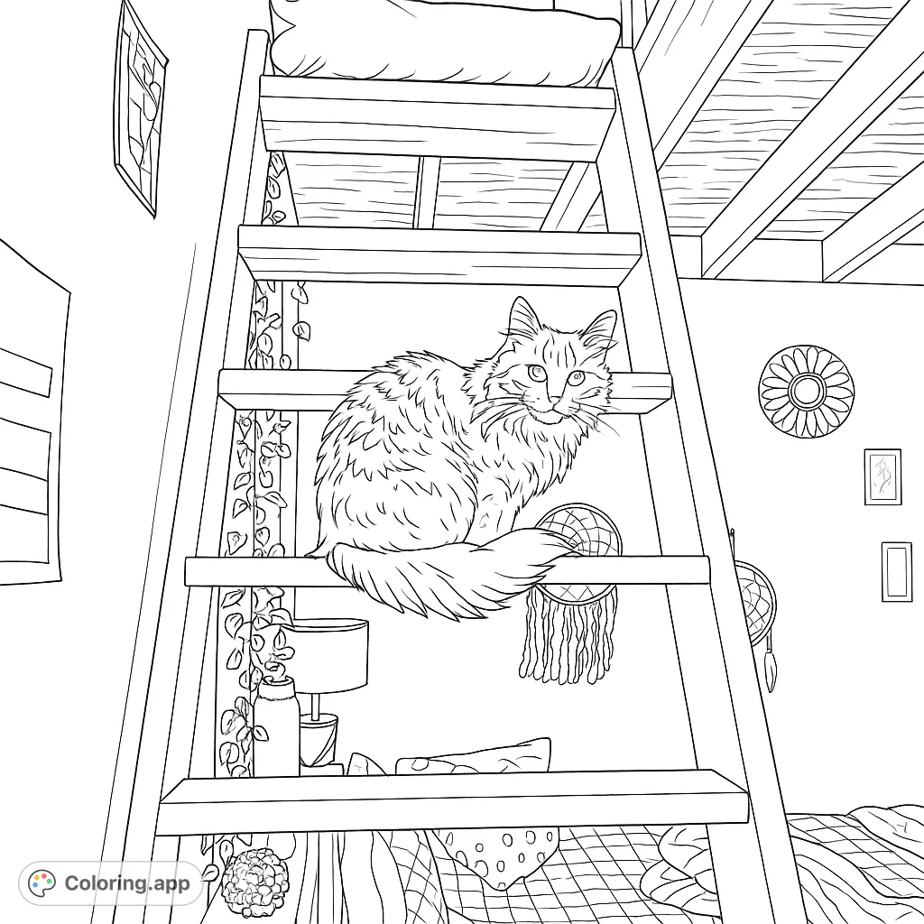 A charming fluffy cat perched on a loft ladder, surrounded by cozy room details. Perfect for cat lovers and home decor enthusiasts.