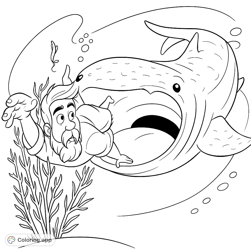 An exciting underwater scene depicting a man being swallowed by a large fish, surrounded by seaweed and bubbles. A dramatic biblical adventure.