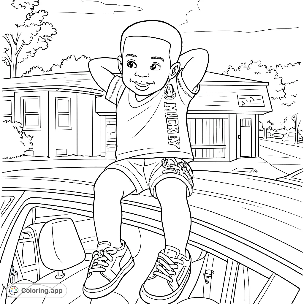 A delightful coloring page featuring a happy child sitting on a car, ready for a creative adventure. Perfect for young artists!