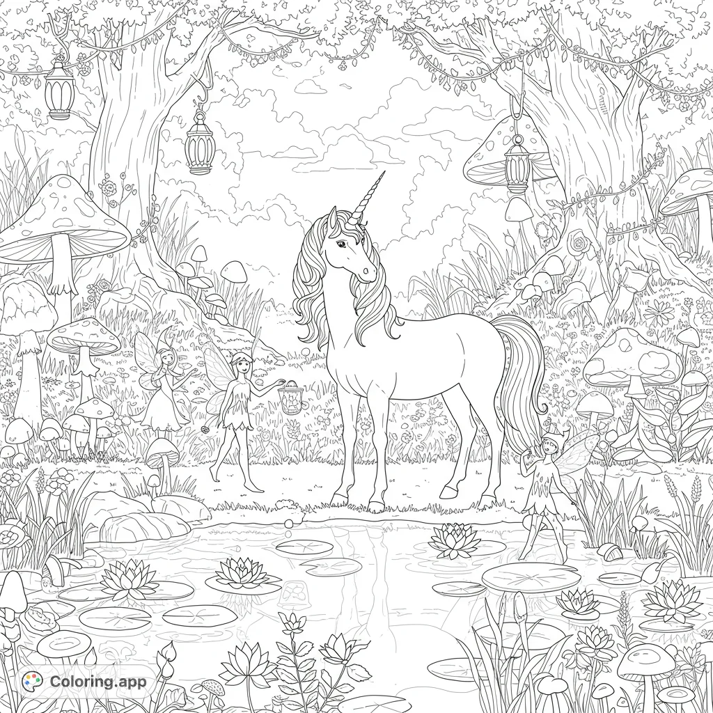 Discover a magical enchanted forest coloring page featuring a graceful unicorn, playful fairies, ancient trees, and fantastical mushrooms by a tranquil pond.