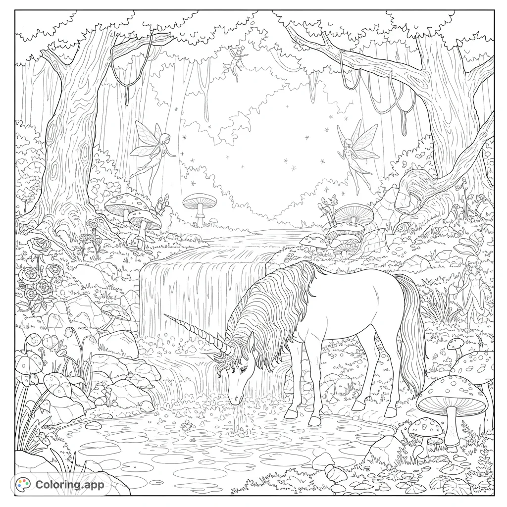 Enter a magical realm with a majestic unicorn at a waterfall's base, surrounded by flitting fairies, ancient trees, and glowing flora. A mystical fantasy scene.