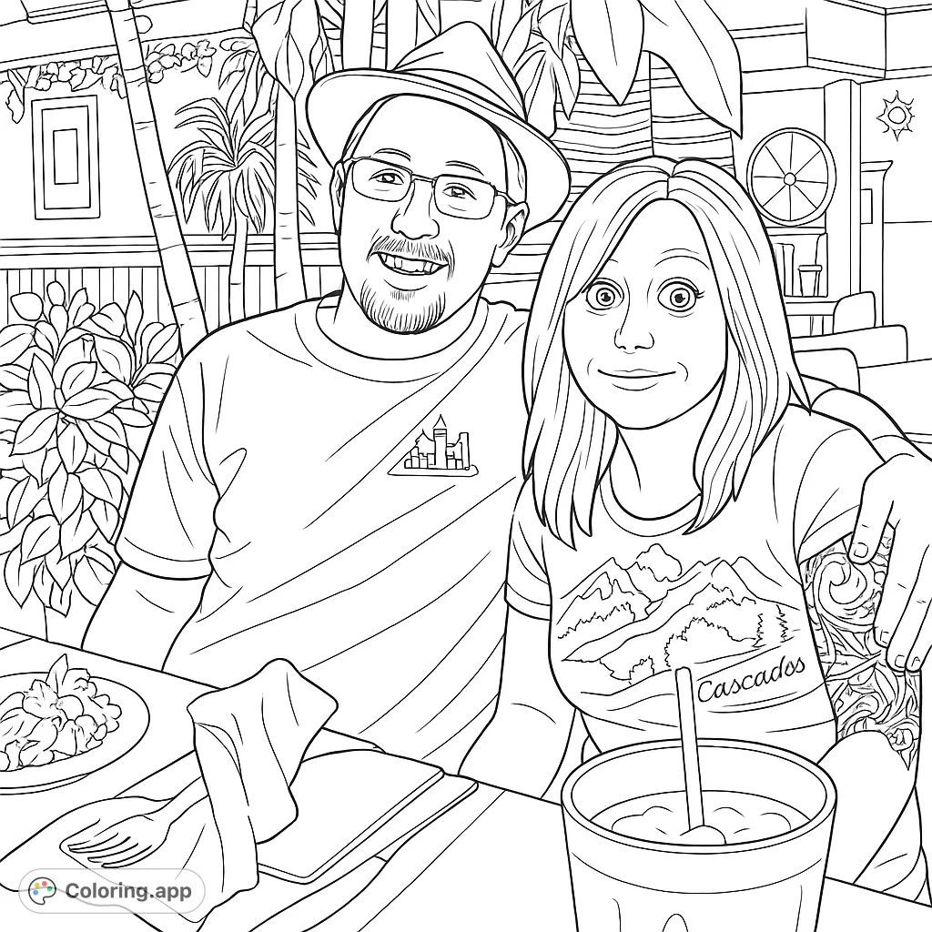 A couple enjoying a meal at a restaurant, surrounded by plants and decor. Perfect for a relaxing coloring experience.