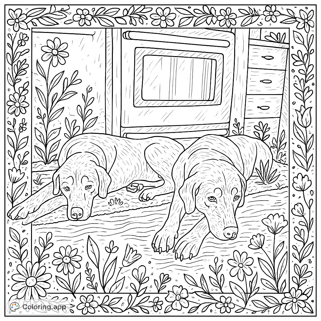 A heartwarming coloring page featuring two peaceful dogs resting on a patterned mat in a cozy kitchen. Adorned with whimsical flowers and leaves.