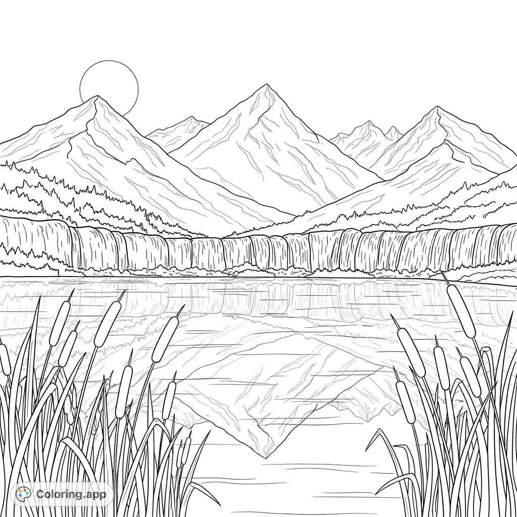 Explore a serene mountain lake scene with majestic peaks, cascading waterfalls, and delicate cattails. A perfect nature coloring page for all ages.