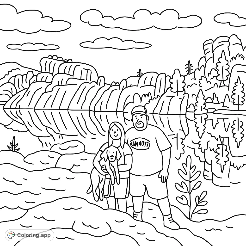 Embark on a whimsical outdoor adventure! This free printable coloring page features a family and their dog amidst majestic rock formations and a serene lake.