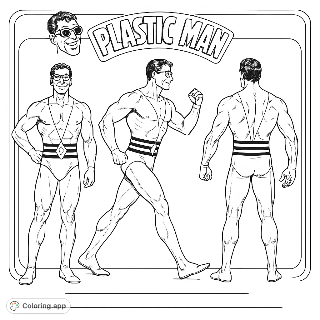Unleash your creativity with this dynamic Plastic Man coloring page! Featuring the stretchy hero in three iconic poses, perfect for comic fans.