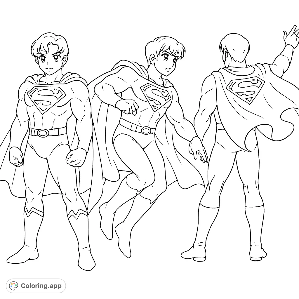 Dynamic Superman coloring page featuring three iconic poses and classic shield emblems. Perfect for superhero fans to bring to life with intricate details.