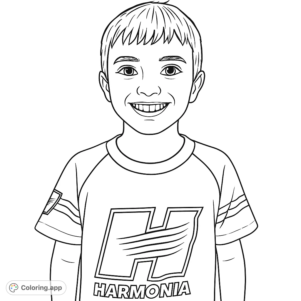 A cheerful boy with a wide smile, wearing a unique t-shirt. A delightful portrait for a fun and expressive coloring experience.