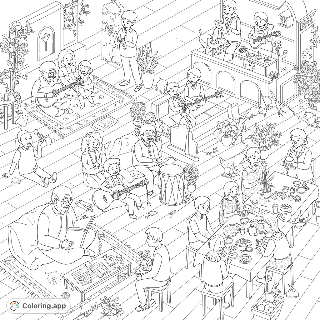 Explore a heartwarming multi-generational community scene, featuring shared reading, music, laughter, and meals. A free printable coloring page for all ages.