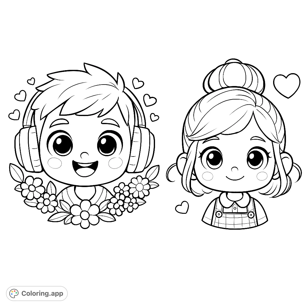 Adorable chibi boy and girl with big eyes, surrounded by flowers and hearts. Perfect for a cute and charming coloring experience.