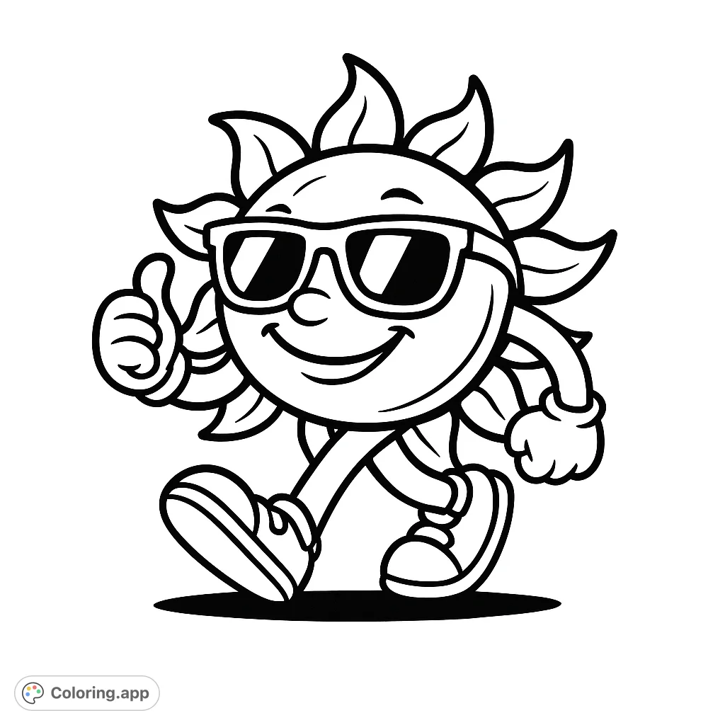 A cheerful sun character wearing cool sunglasses, walking with a thumbs-up, perfect for a fun and positive coloring activity.