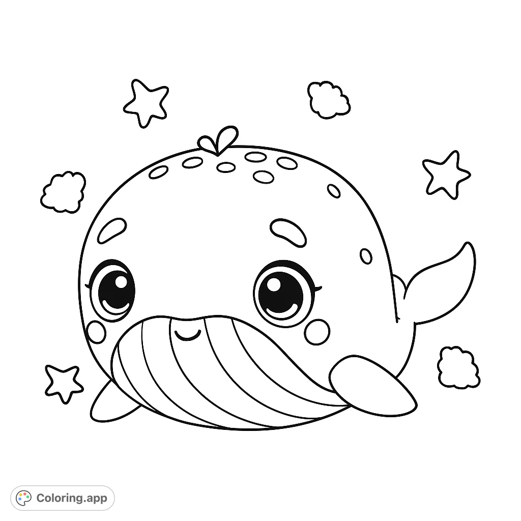 Dive into fun with this adorable whale coloring page! Features a friendly whale, water spout, and playful sea shapes.