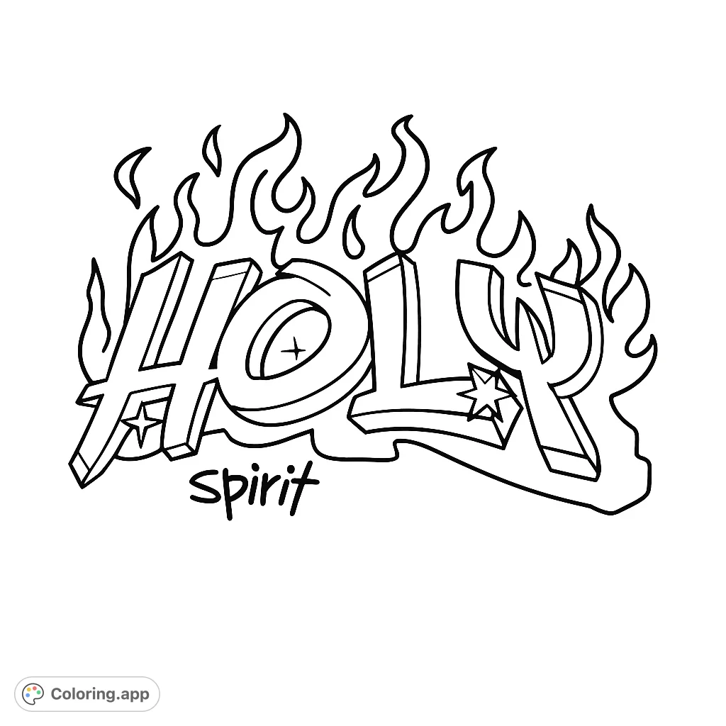 A powerful Holy Spirit coloring page featuring bold typography engulfed in dynamic flames. Express your faith through vibrant colors.