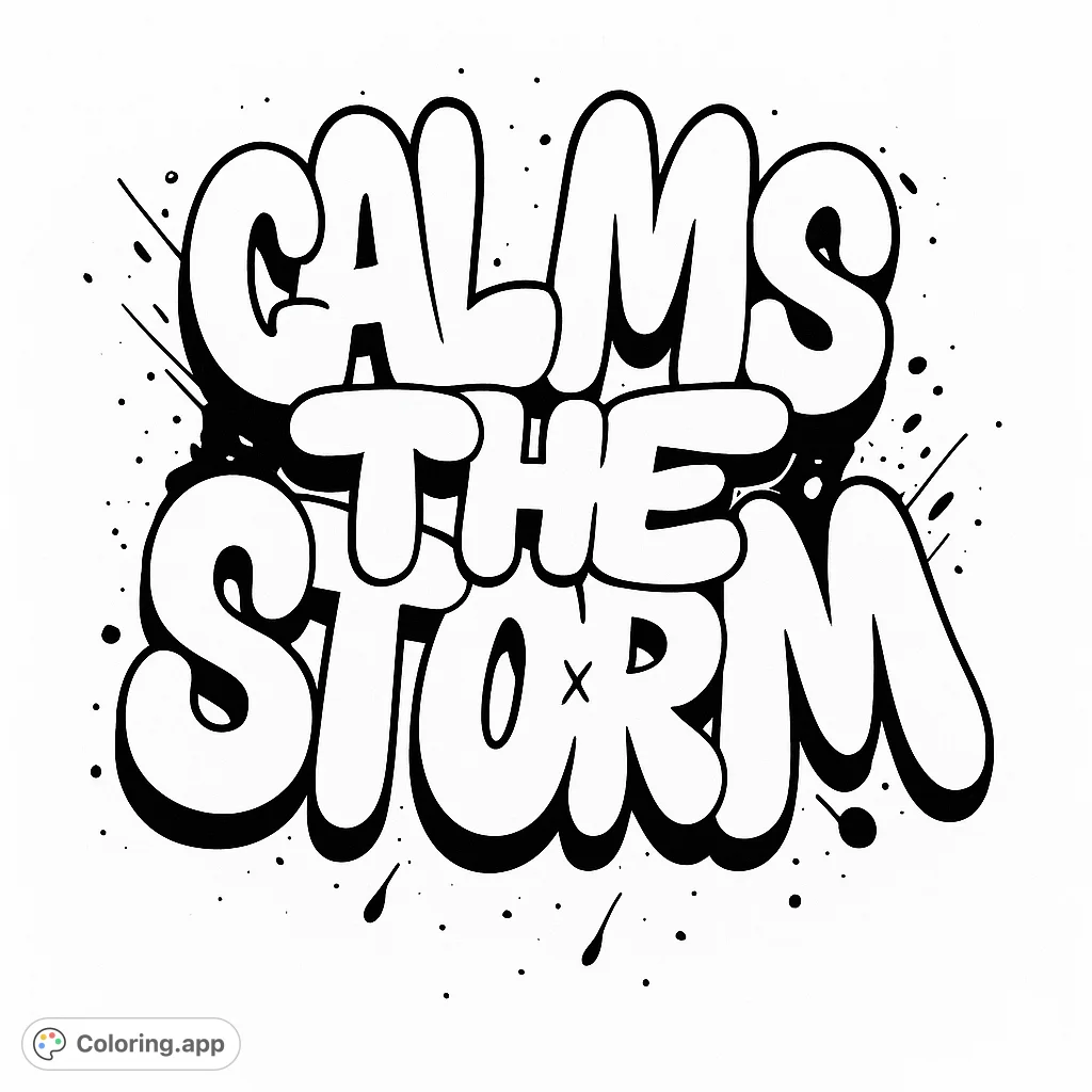 Dynamic graffiti art featuring "CALMS THE STORM" in bold, bubble letters with splatter effects. A cool, urban-themed free printable coloring page.