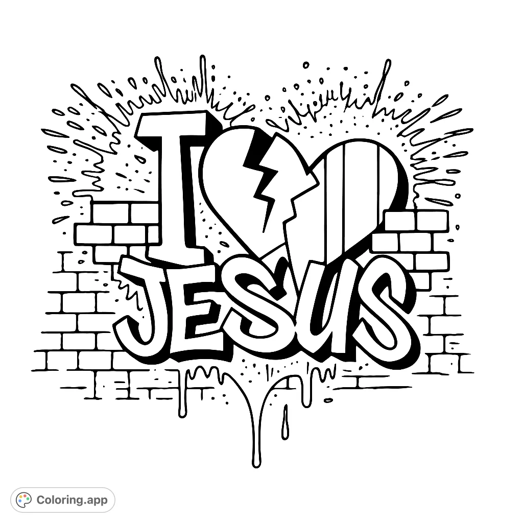 Express your faith with this dynamic graffiti-style coloring page featuring bold lettering, a broken heart, and urban textures. Free printable.