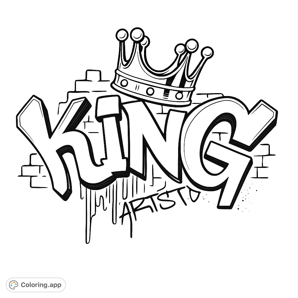 Unleash your creativity with this dynamic graffiti-style 'KING' coloring page, featuring bold 3D letters, a regal crown, and urban art elements.