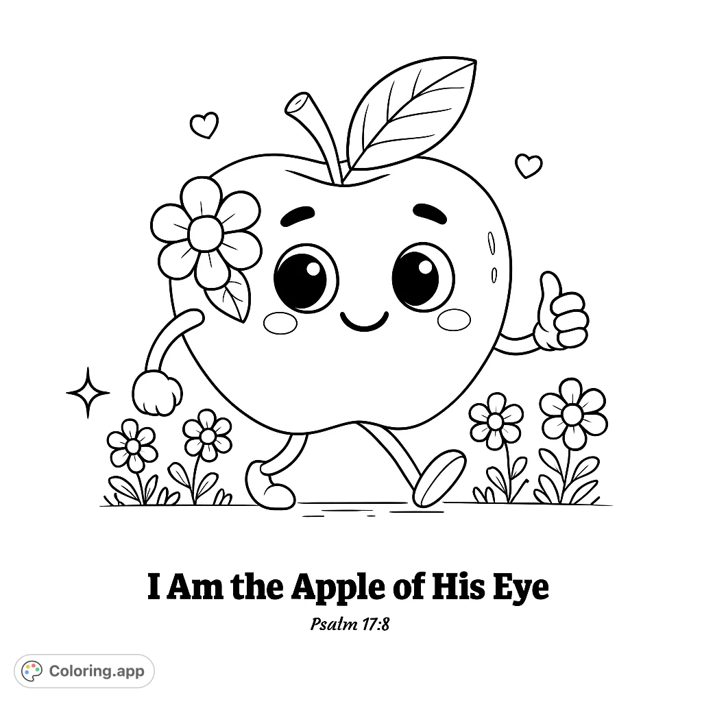 A cheerful apple character with a flower and thumbs up, walking among small flowers and hearts. Perfect for a delightful coloring experience.