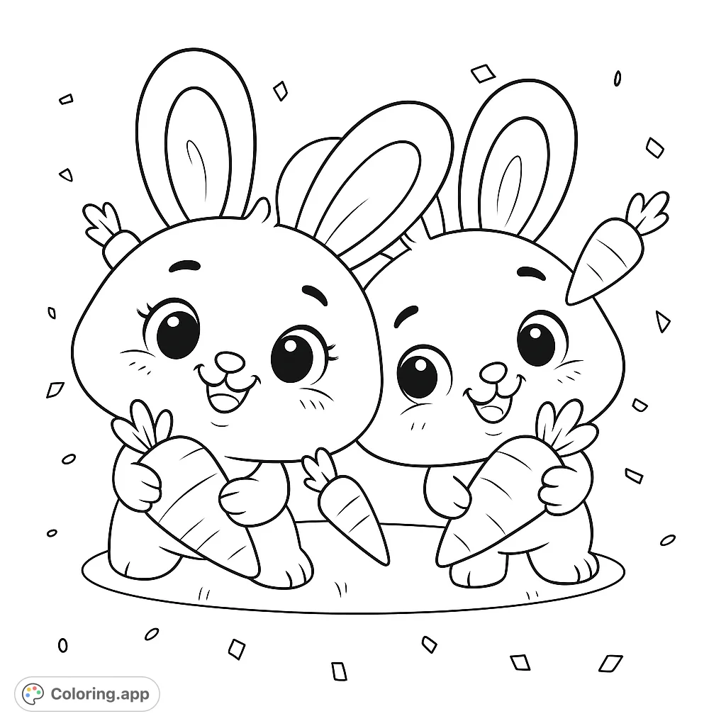 Two adorable bunnies holding carrots, surrounded by confetti. A delightful and easy bunny coloring page for kids and animal lovers.