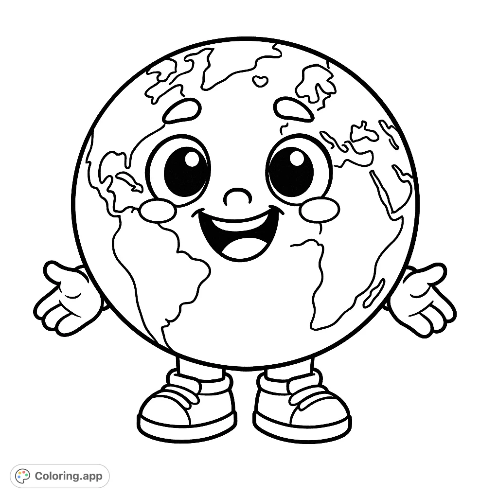 A delightful happy Earth character, perfect for young colorists to explore geography and express creativity. A fun, free printable Earth coloring page.