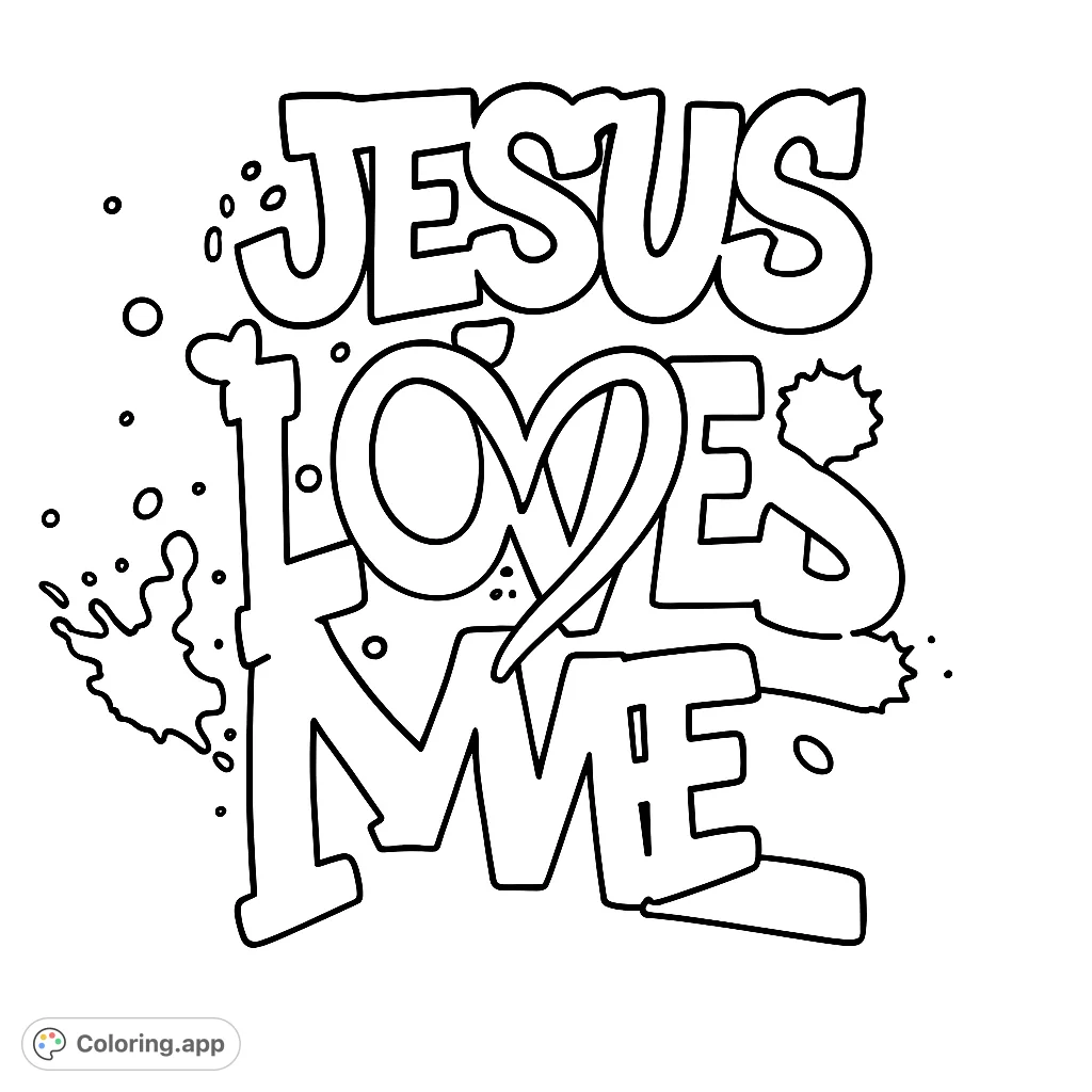 A vibrant "Jesus Loves Me" coloring page with bold text, a heart, and dynamic splatters, perfect for expressing faith and creativity.