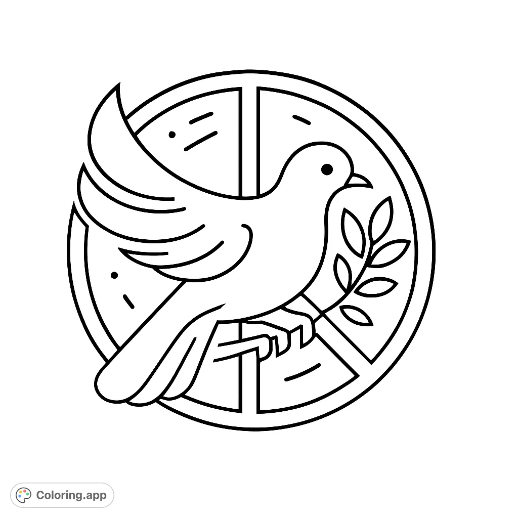 Color a symbolic dove holding an olive branch within a peace emblem. A free printable peace coloring page for all ages.