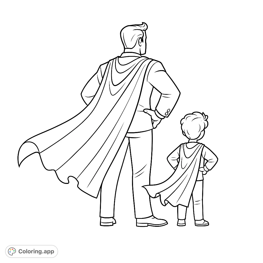 A powerful superhero father and son duo stand ready for adventure, capes flowing behind them. Perfect for inspiring family heroes!