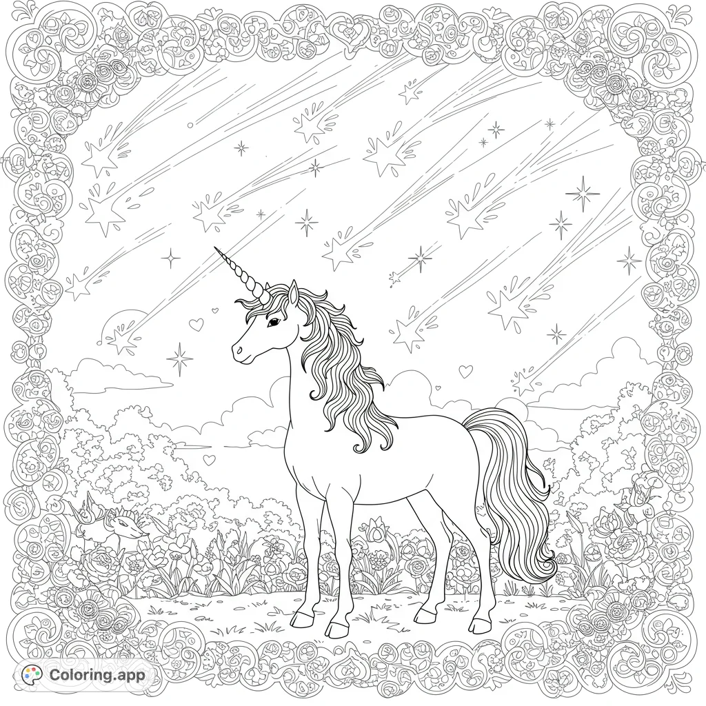 A majestic unicorn surrounded by shooting stars and whimsical heart shapes, perfect for a magical coloring adventure.