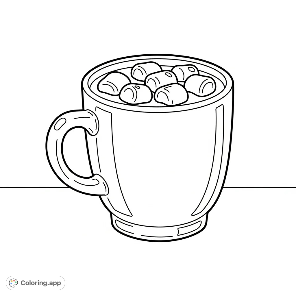 A comforting hot cocoa mug with fluffy marshmallows. A simple, relaxing coloring page.