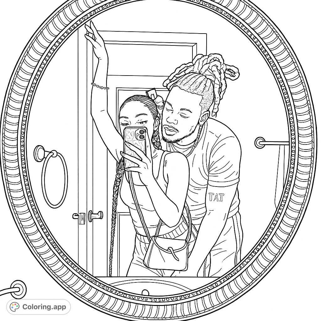 A modern couple captured in a mirror selfie, embracing in a bathroom setting. Perfect for expressing connection and personal style.