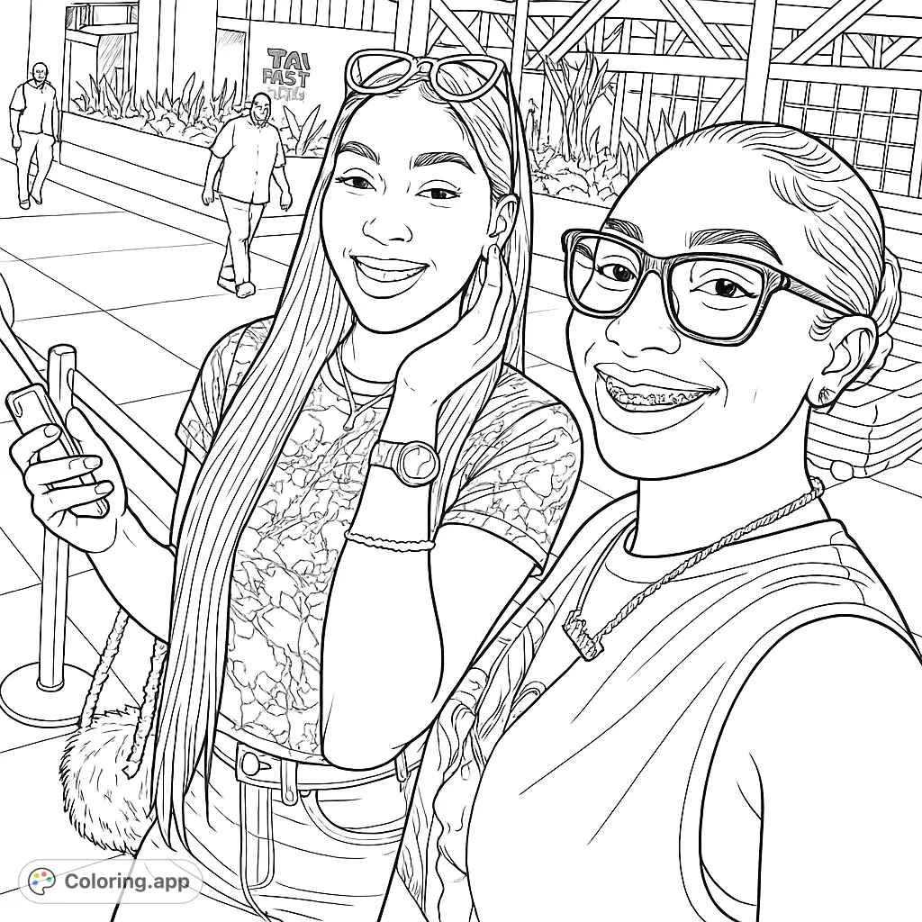 Capture the joy of friendship with this detailed coloring page featuring two stylish young women in an urban setting. Perfect for fashion and portrait enthusiasts.