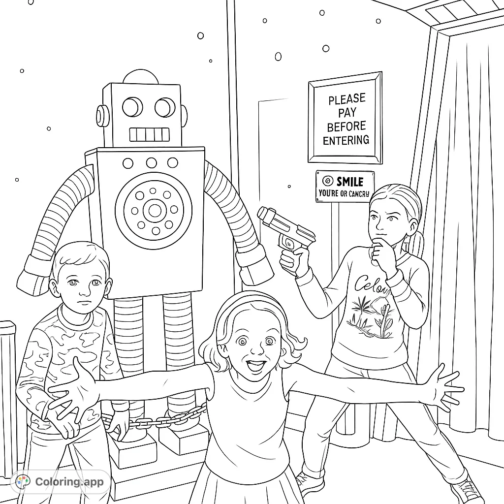 An exciting robot and kids space adventure coloring page! Features a friendly robot, three children, and a futuristic setting with glowing details.