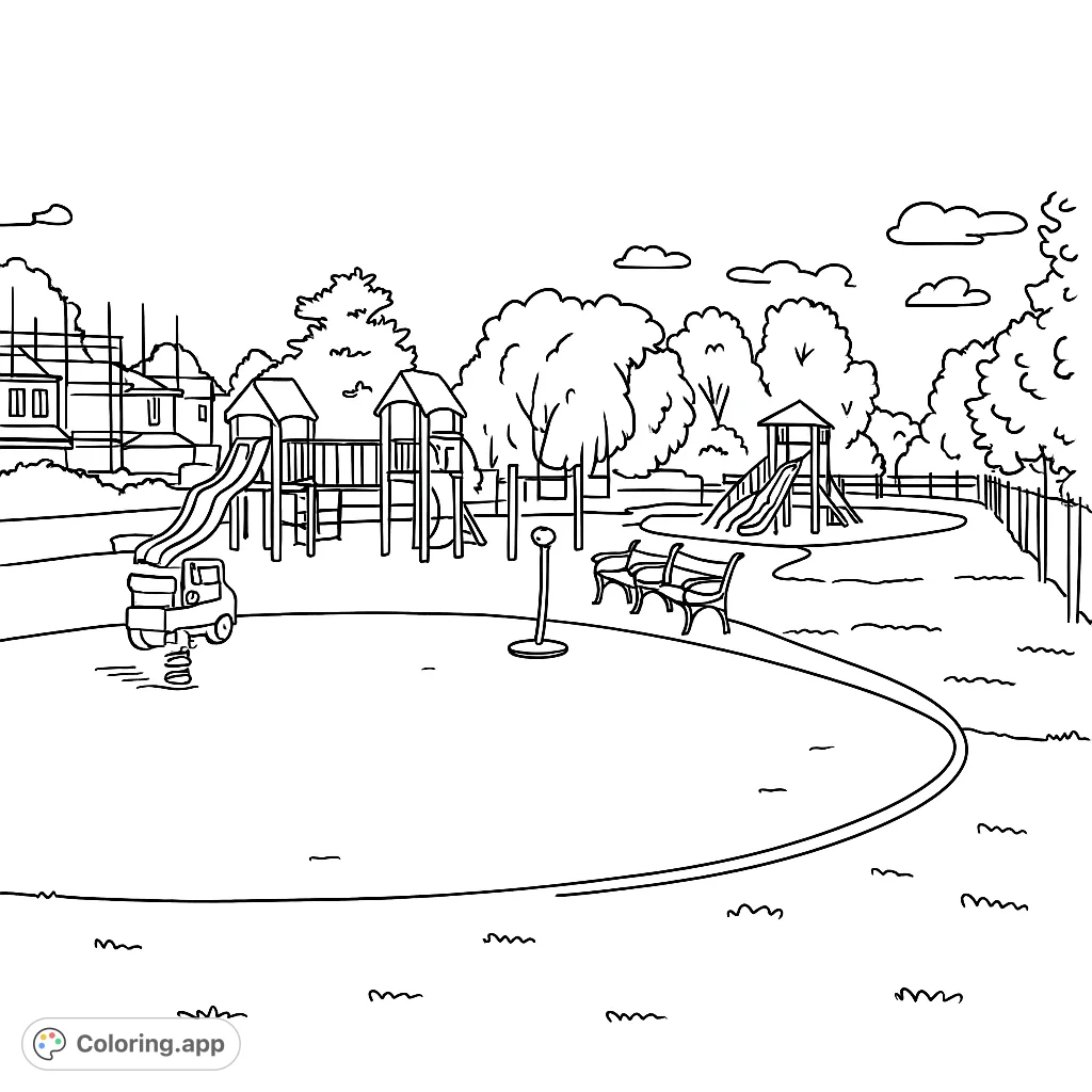 Explore a vibrant playground scene with slides, swings, and climbing structures, surrounded by trees and open spaces. Perfect for imaginative coloring fun.