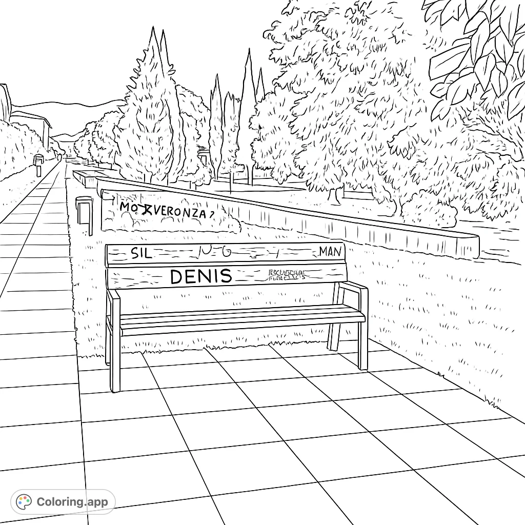 Discover a peaceful park scene featuring a detailed bench, checkered path, and a backdrop of trees and mountains. A relaxing urban landscape to color.