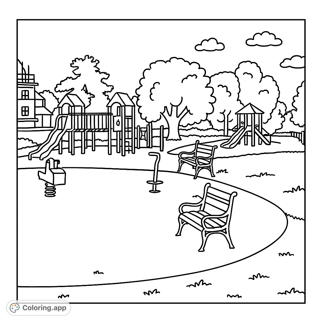 Explore a lively playground scene with slides, climbing frames, and benches, set amidst trees and buildings. A fun, detailed coloring page for all ages.