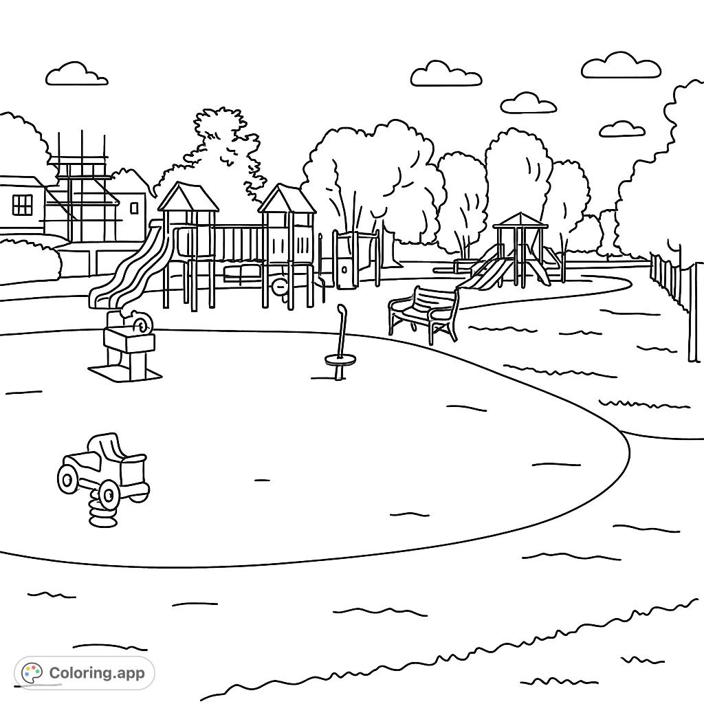 Explore a lively playground scene with slides, climbing frames, and benches, set amidst trees and buildings. A fun, detailed coloring page for all ages.