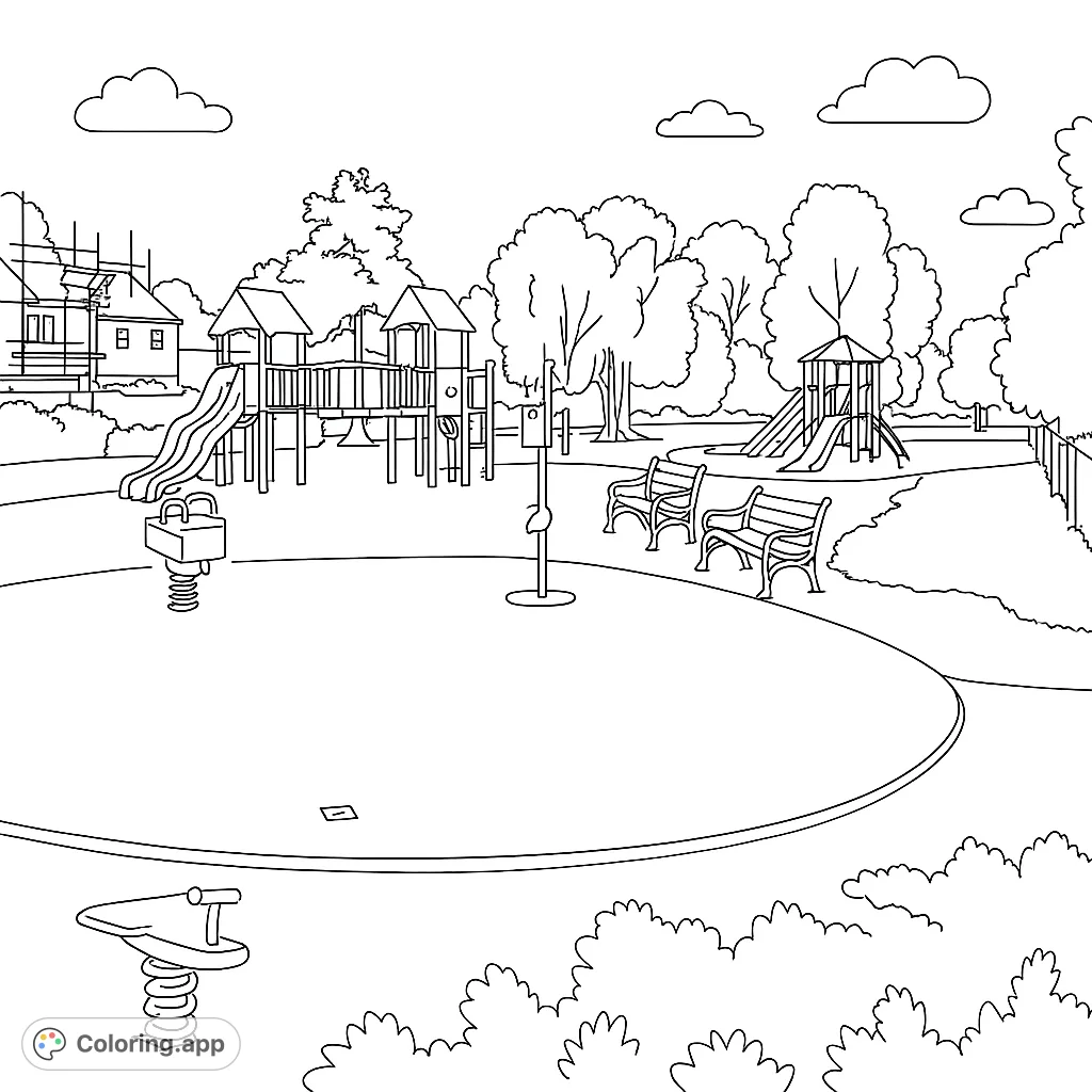 Explore a lively playground scene with slides, climbing frames, and benches, set amidst trees and buildings. A fun, detailed coloring page for all ages.