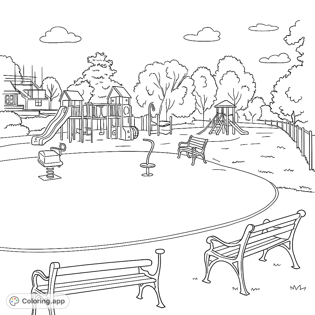 Explore a lively playground scene with slides, climbing frames, and benches, set amidst trees and buildings. A fun, detailed coloring page for all ages.