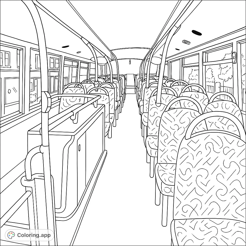 Explore the detailed interior of a public bus, featuring rows of seats, grab rails, and windows showing an urban landscape. Perfect for travel enthusiasts.