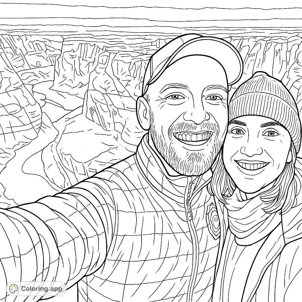 A joyful couple smiles against a stunning canyon backdrop with a winding river, perfect for a nature-themed coloring page.