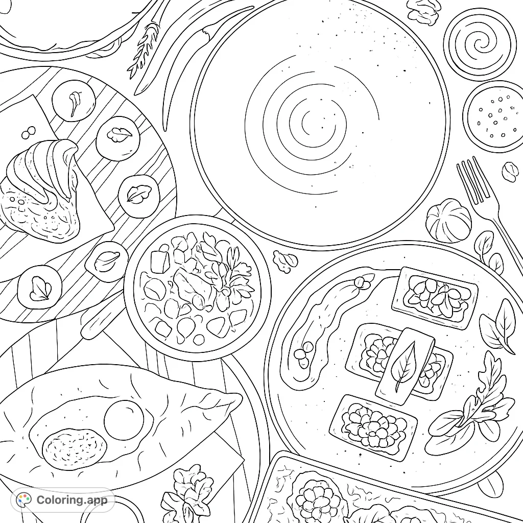 Explore a rich culinary spread featuring diverse dishes, from savory pastries to hearty stews, perfect for food enthusiasts to color and enjoy.